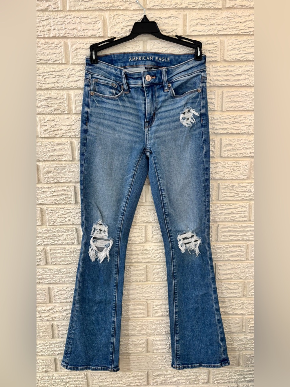 American Eagle High Rise Skinny Kick Jeans Distressed Medium Wash Size 0 SHORT